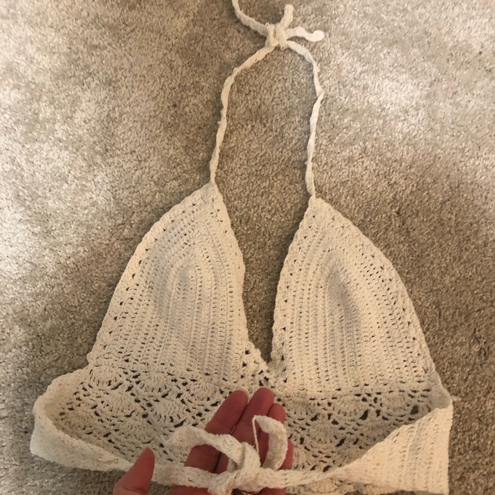 Vintage Y2K Crochet Halter Top Ivory Backless Boho Festival Crop Top S - Picture 3 of 5